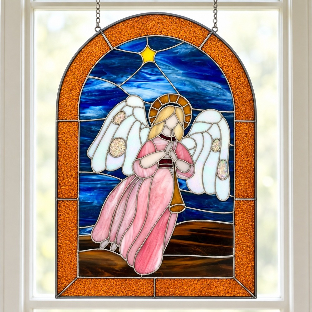 Stained Glass Angel Arched Window Panel Suncatcher Pink Blue Religious Decor